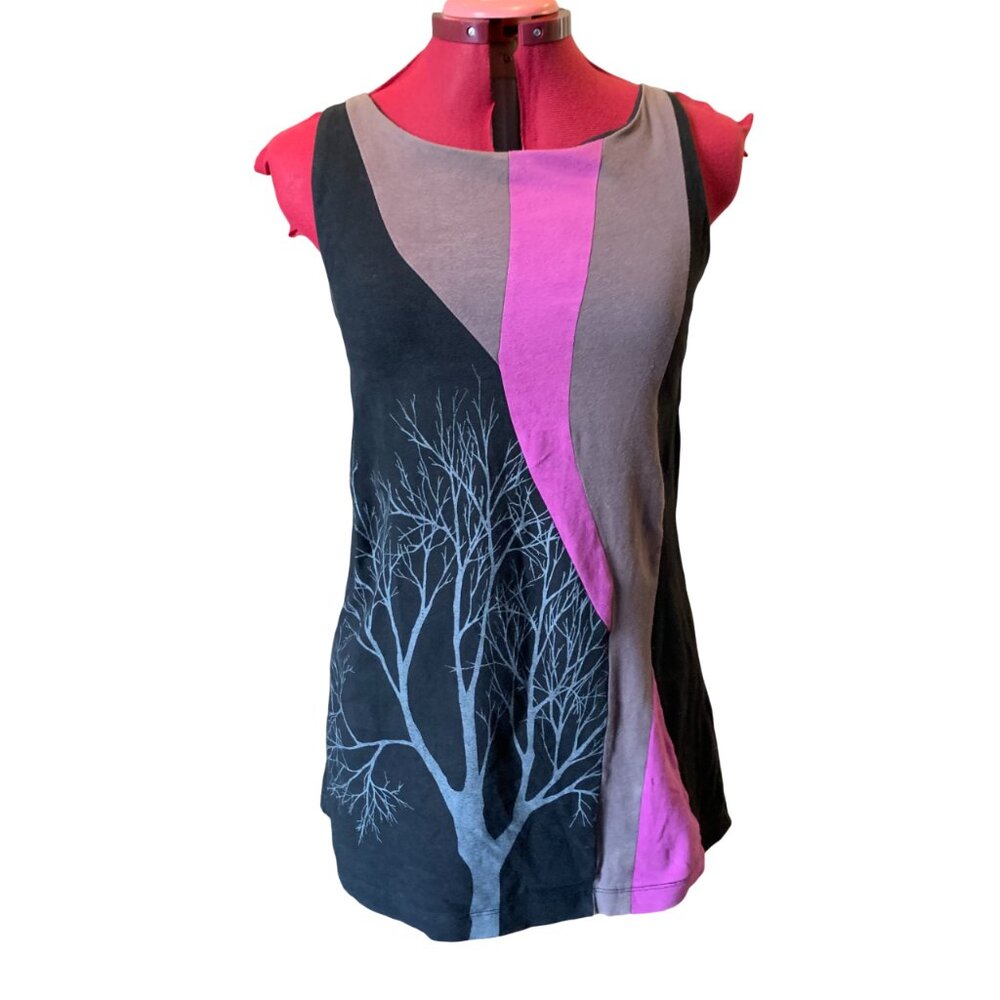 EVE LAVOIE - Short tunic dress black with pink grey - trees screen print medium
